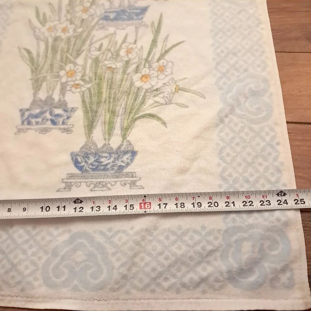 Vintage Fieldcrest daisy daffodil towel set bath washcloth blue‎ white lattice